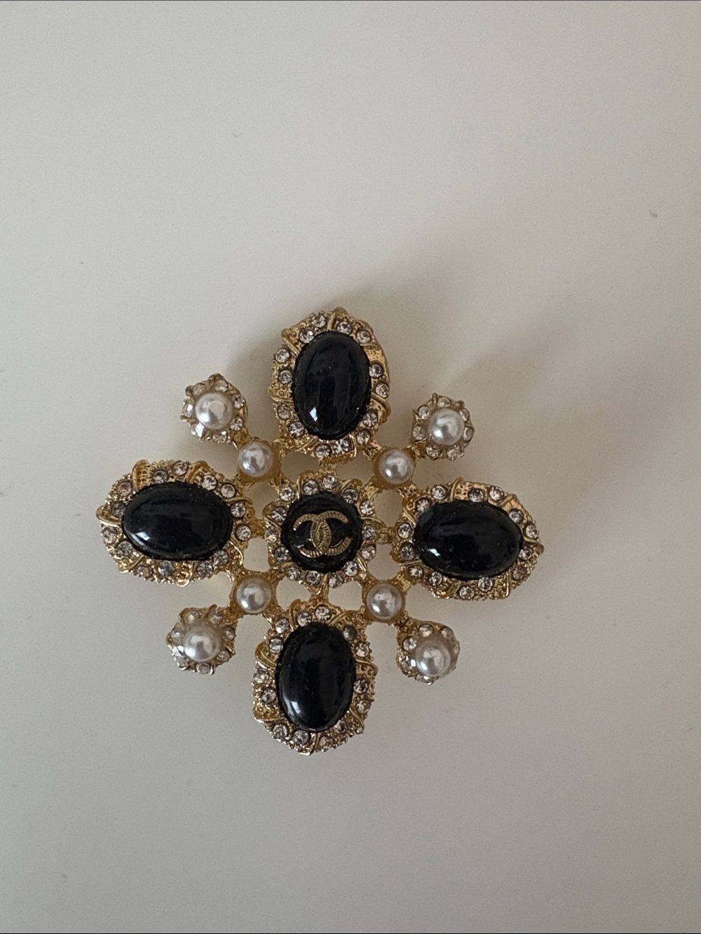 CC Gold-Tone Brooch with Black Cabochons and Pearls